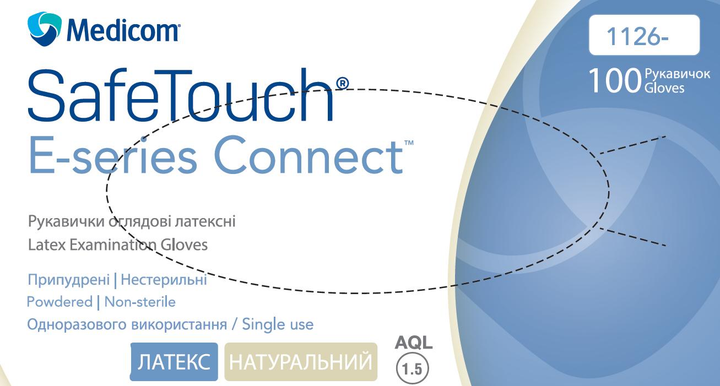 Рукавички Medicom SafeTouch® E-Series Connect латексні опудрені розмір M 100 шт Білі (1126) - зображення 1