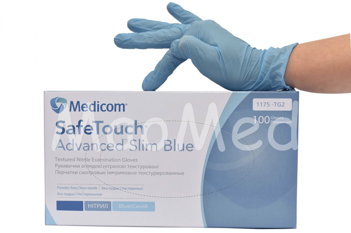 Перчатки Medicom SafeTouch® Slim Blue нитриловые текстурированные без пудры размер M Голубые 3 г (1175-TG2) - изображение 1