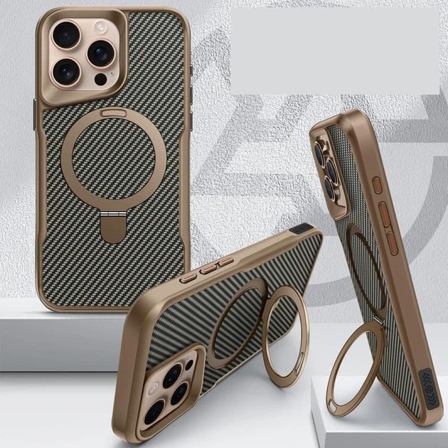 TPU+PC чохол Metal Buttons with MagSafe Carbon Ring для Apple iPhone 15 Pro (6.1") Золотий - зображення 3