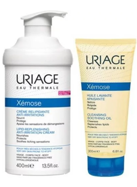 Набір косметики для догляду Uriage Xemose Lipo Replenishing Крем для тіла для сухої шкіри 400 мл + Олія для душу 200 мл (3661434005329) - зображення 1