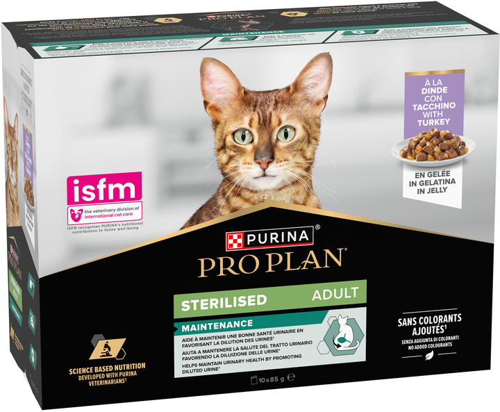 Упаковка вологого корму для дорослих стерилізованих кішок Purina Pro Plan Sterilised шматочки в желе з індичкою 10 шт х 85 г (8445290968685) - зображення 2