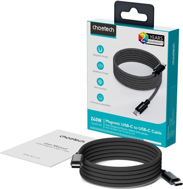 Кабель Choetech ХСС-1052 Magnetic USB-C to USB-C PD3.1 240 Вт 1.2 м Black (43-00129) - Фото 5 Кабель Choetech ХСС-1052 Magnetic USB-C to USB-C PD3.1 240 Вт 1.2 м Black (43-00129) - зображення 5