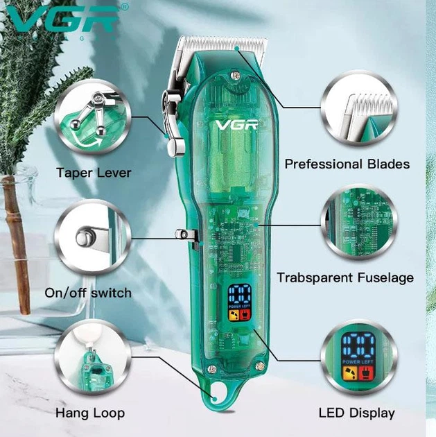Професійна акумуляторна машинка для стрижки волосся та бороди з USB та LED екраном VGR V-660 Pro + Щіточка для очищення - зображення 3