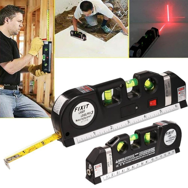 Лазерный уровень, нивелир Laser Level PRO 3 4в1, пузырьковый со встроенной рулеткой, линейкой - изображение 3