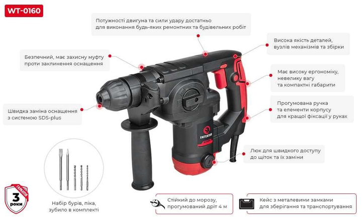 Перфоратор бочковий Intertool Sds-Plus 900 Вт 3 режими 3.5 Дж регулювання обертів 930 об/хв 5100 уд/хв кабель 4 м кейс 5.75 кг (000065777) - зображення 13