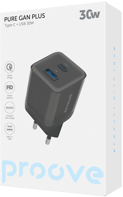 Мережевий зарядний пристрій Proove Pure GaN Plus 30W Type-C + USB Black (600710001) - зображення 2