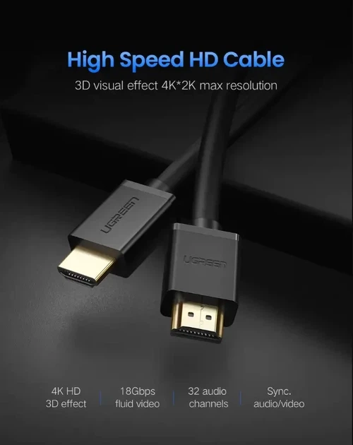 Високошвидкісний HDMI шнур кабель UGREEN HD104 HDMI 2.0 4K 3D 5м чорний (10109) - Фото 5 Високошвидкісний HDMI шнур кабель UGREEN HD104 HDMI 2.0 4K 3D 5м чорний (10109) - зображення 5
