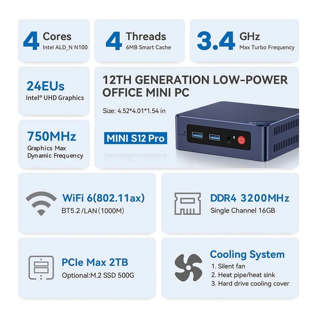 Beelink N100 ミニPC / 16GB RAM / 512GB SSD Mini PC Beelink Mini S12 Pro [Intel N100 16/500 Гб]