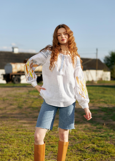 Вишиванка жіноча з льону MOTYV Колосся XS Біла 