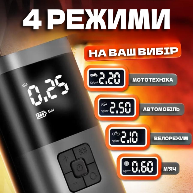Акумуляторний портативний повітряний автомобільний компресор Насос-повербанк з ліхтариком - зображення 3