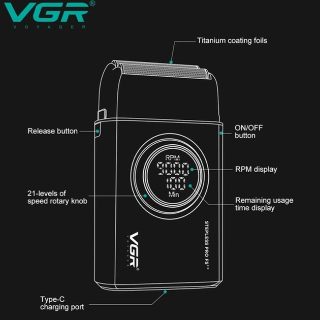 Аккумуляторная электробритва шейвер для бритья лица с USB и LED-дисплеем VGR V-377 Pro Красный + Щеточка для чистки - изображение 4