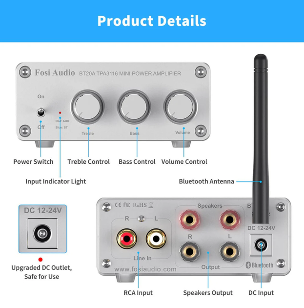 Усилитель звука Fosi Audio BT20A TPA3116 Bluetooth 5.0 AUX 2x100W White Б/У - изображение 2