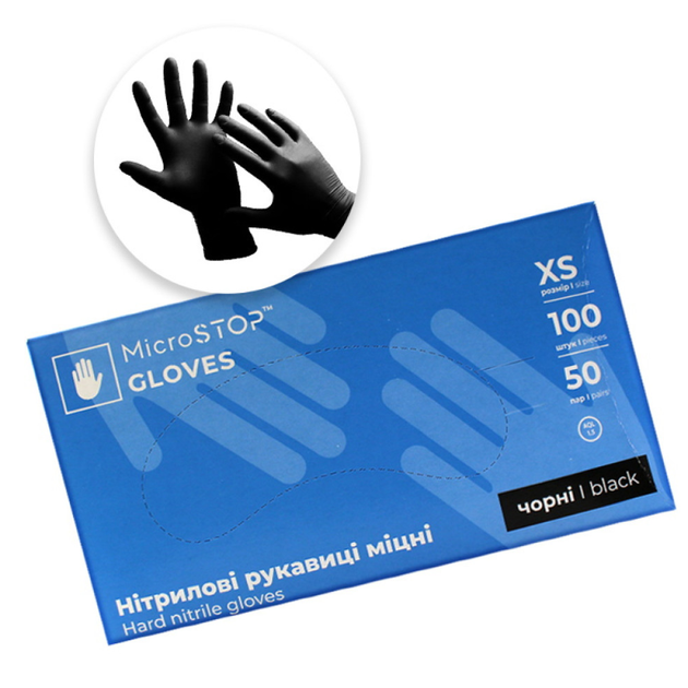 Рукавички нітрилові MicroStop упаковка - 50 пар. розмір XS (без пудри). щільність 3.5 г. чорні - изображение 1