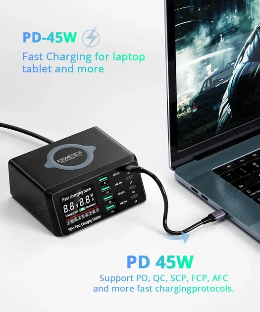 ASOMETECH 110 Вт Мультипортовая 9 в 1 беспроводная зарядная быстрая док-станция QC + PD USB Type C. Черная - изображение 6