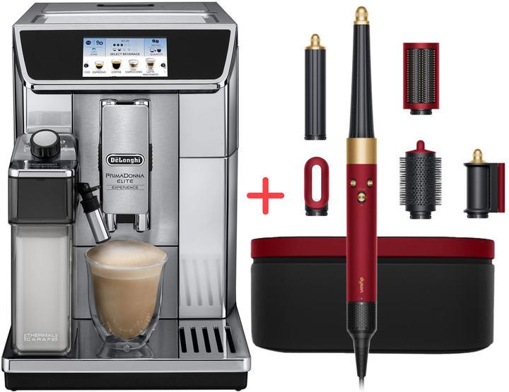 Акція на Кавомашина DELONGHI PrimaDonna Elite ECAM650.85.MS + Стайлер Dyson HS08 Airwrap ID Straight/Wavy Red Velvet/Gold (596926-01) (комплект) від Rozetka