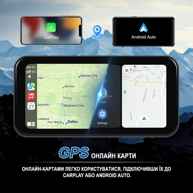 Мультимедійний монітор для мотоцикла Podofo A3659, з Bluetooth, Wi-Fi, Apple CarPlay\Android Auto, GPS, 6,25", чорний - зображення 5