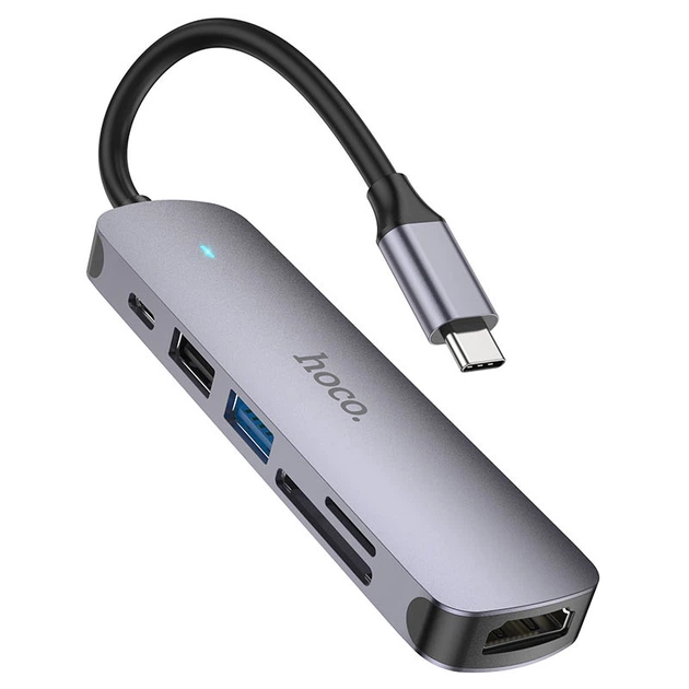 Багатофункціональний перехідник Hoco HB28 Multi-function 6in1 (Type-C to HDTV+USB3.0+USB2.0+SD+TF+PD) Metal gray - Фото 2 Багатофункціональний перехідник Hoco HB28 Multi-function 6in1 (Type-C to HDTV+USB3.0+USB2.0+SD+TF+PD) Metal gray - зображення 2