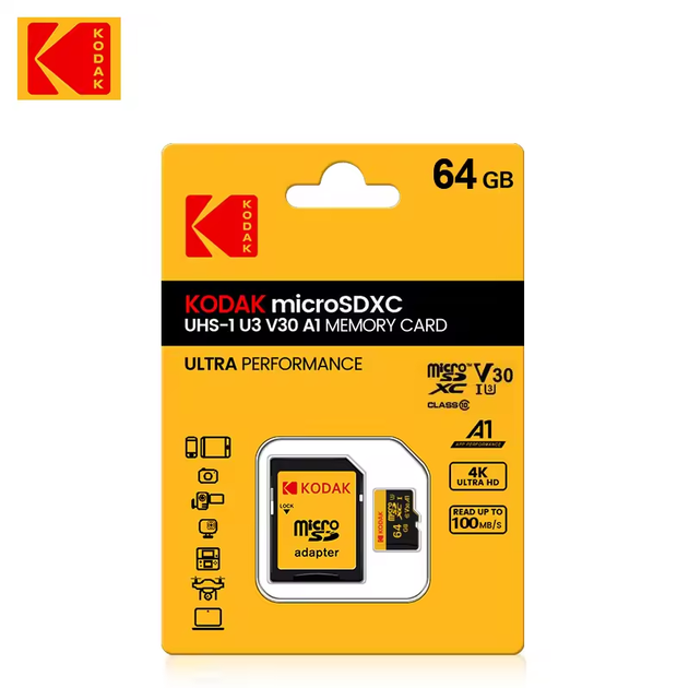 Карта памяти MicroSDXC Kodak U3 A1 Class 10 64Gb c адаптером - Фото 1 Карта памяти MicroSDXC Kodak U3 A1 Class 10 64Gb c адаптером - изображение 1