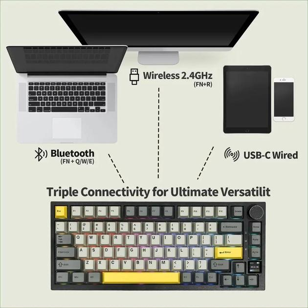 Клавіатура механічна бездротова Ajazz Ak820 PRO + наліпки укр. розкладки, Gift swich, RGB-підсвітка та підтримка HOT-SWAP, чорна - зображення 2