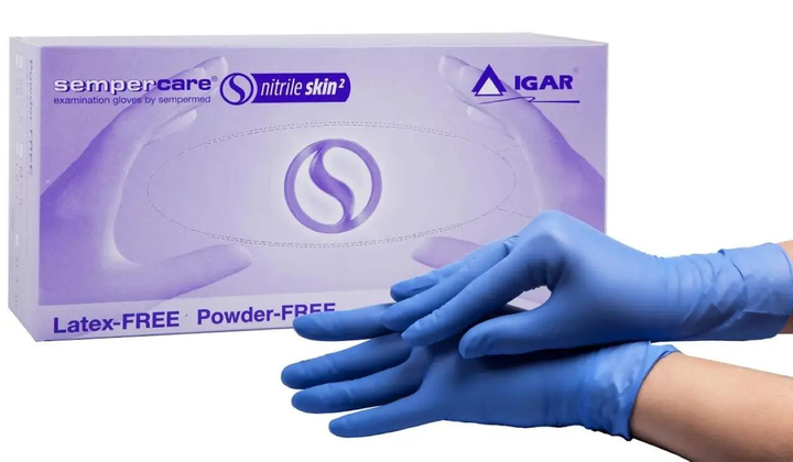 Перчатки медицинские смотровые нитриловые Sempercare Nitrile Skin2 неопудренные голубыеTM Igar, размер L 50пар - изображение 1