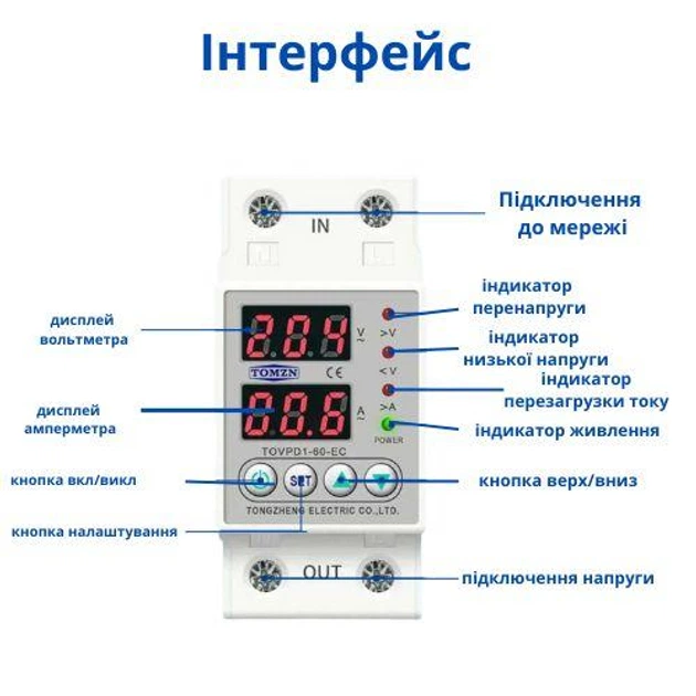 Многофункциональное реле контроля напряжения и тока с ЖК TOMZN 220В, 63А, 2DIN - изображение 5