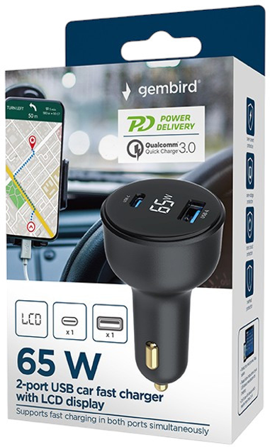 Ładowarka samochodowa Gembird USB-A(QC3.0), USB-C (PD) 65W Black (TA-UC-AC2PD65LCD-CAR-01) - obraz 8