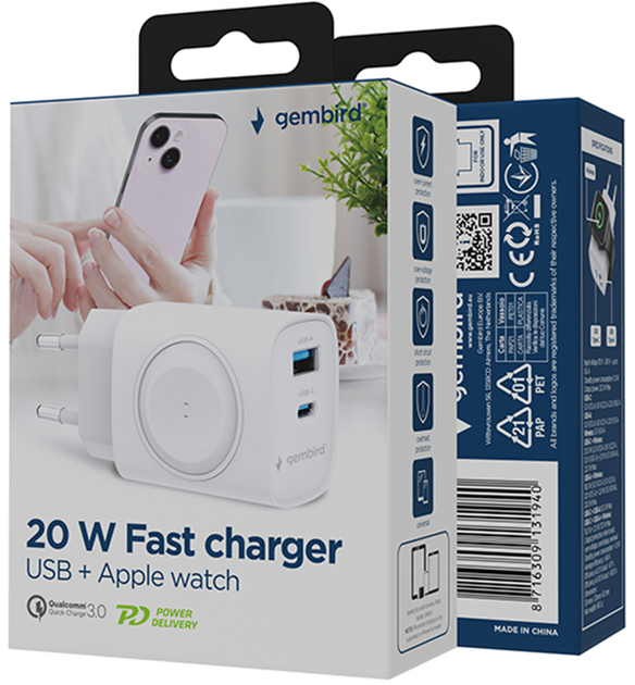 Ładowarka sieciowa Gembird 20W 2-in-1 Apple Watch + USB-A + Type-C White (TA-UC-PDQCW20-01-W) - obraz 4