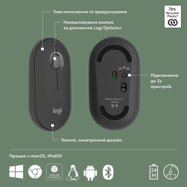 Мышь Logitech Pebble M350s Tonal Graphite Bluetooth (910-007015) - изображение 6
