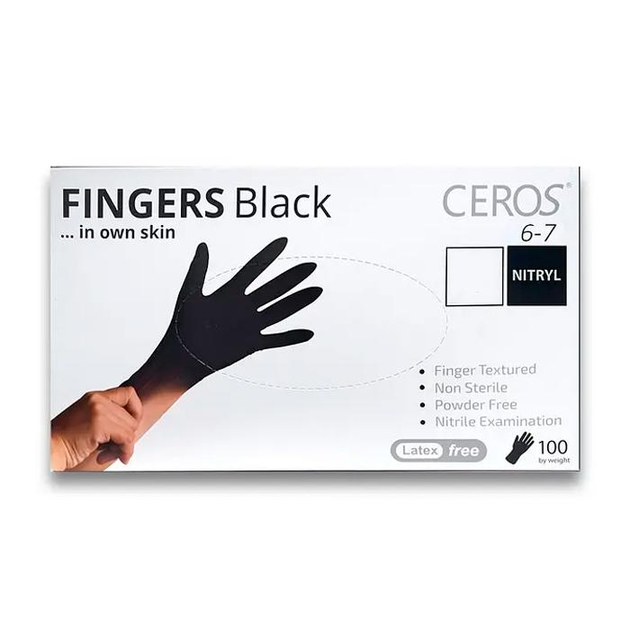 Рукавички нітрилові CEROS Fingers BLACK, M, 100 шт - зображення 1