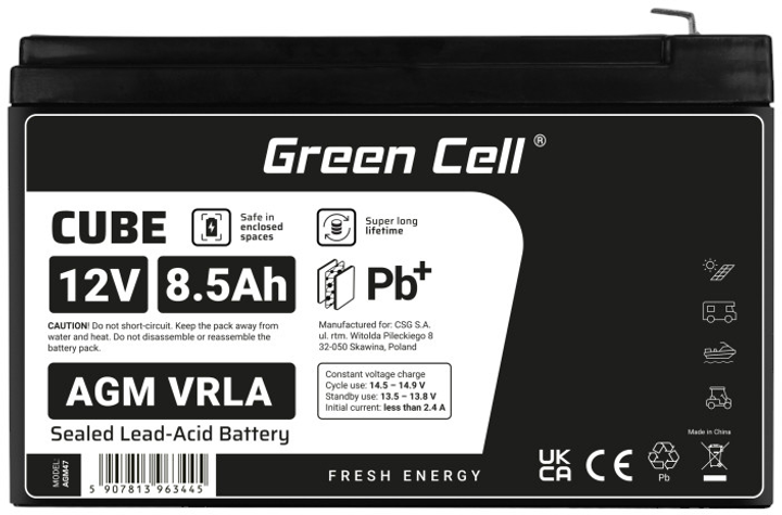 Акумуляторна батарея Green Cell AGM VRLA 12V 8.5Ah (5907813963445) - зображення 2