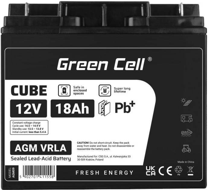 Akumulator Green Cell AGM VRLA 12V 18Ah (5902701411558) - obraz 2