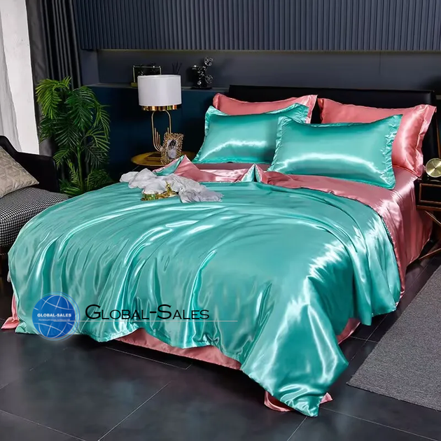 Атласное Персиково-бирюзовое Евро постельное белье Moka Textile 200х220см - изображение 4