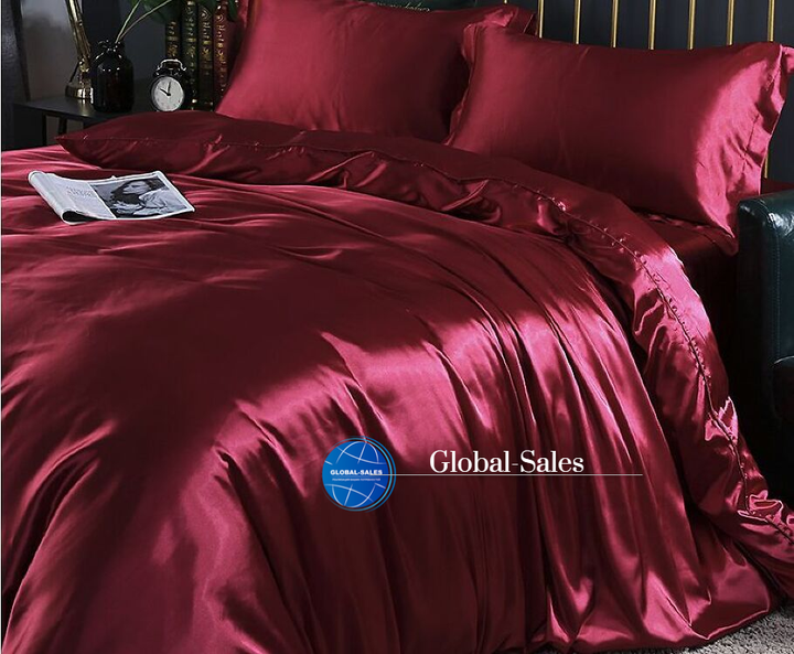 Атласное Бордовое двуспальное постельное белье Moka Textile 175х210см с простіней на резинке и 4 наволочки - Фото 2 Атласное Бордовое двуспальное постельное белье Moka Textile 175х210см с простіней на резинке и 4 наволочки - изображение 2