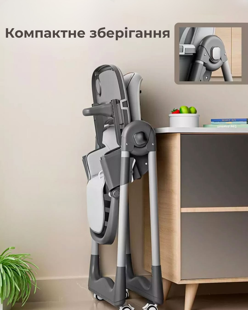Детский стульчик для кормления с подставкой для ножек стул с регулируемой спинкой и столешницей детское кресло серо-черное - изображение 7