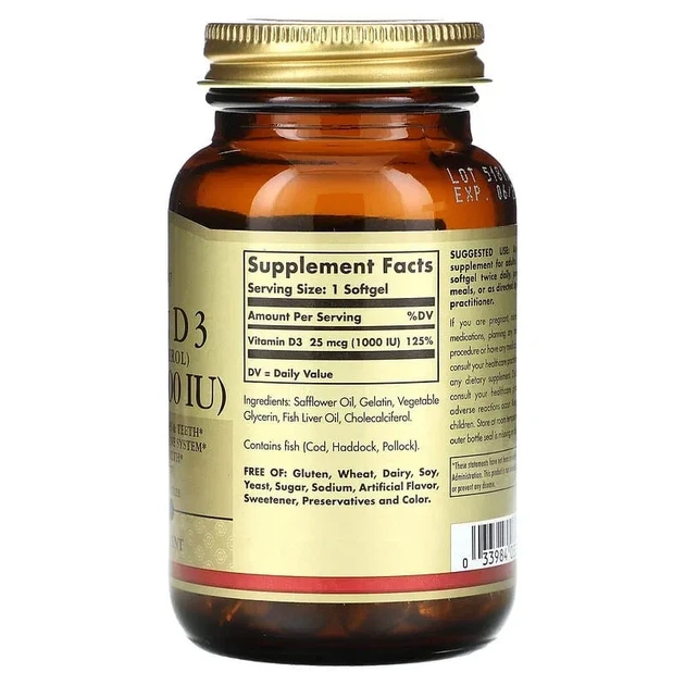 Витамин Д3 Solgar (Vitamin D3) 25 мкг 1000 МЕ 100 капсул - изображение 2