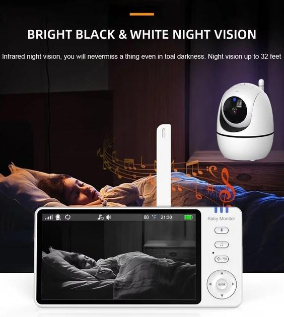 Видеоняня Baby Monitor ABM501-USB с 5-дюймовым LCD монитором, датчиком звука, ночное виденье, беспроводная, поворотная радионяня, измерение температуры - изображение 9