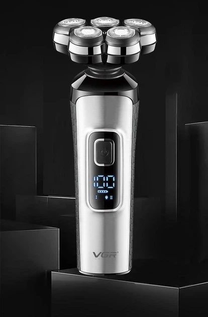 Аккумуляторная электробритва для влажного и сухого бритья с USB, IPX5 и LED-дисплеем VGR V-385 Pro Серый + Щетка - изображение 4