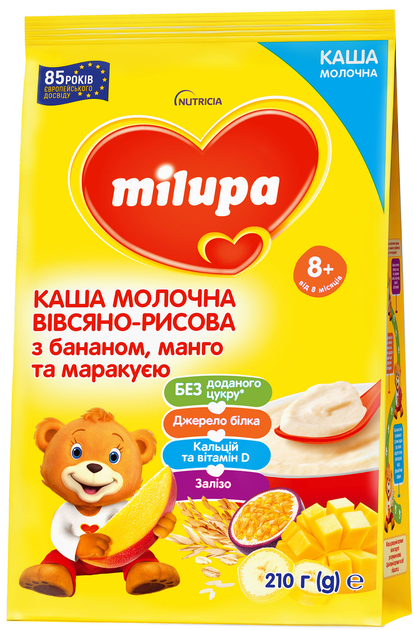Каша молочная Milupa Овсяно-рисовая с бананом, манго и маракуйей для детей от 8 месяцев 210 г (5900852067969) 