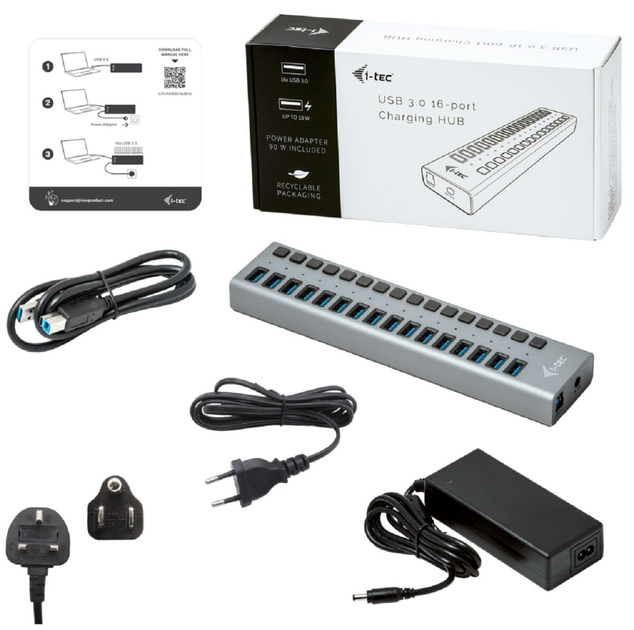Hub USB i-Tec USB 3.0 Charging HUB 16 portów z zewnętrznym zasilaczem 90W 16x USB port ładowania dla Tabletów, Notebooków, Ultrabooków PC (U3CHARGEHUB16) - obraz 3