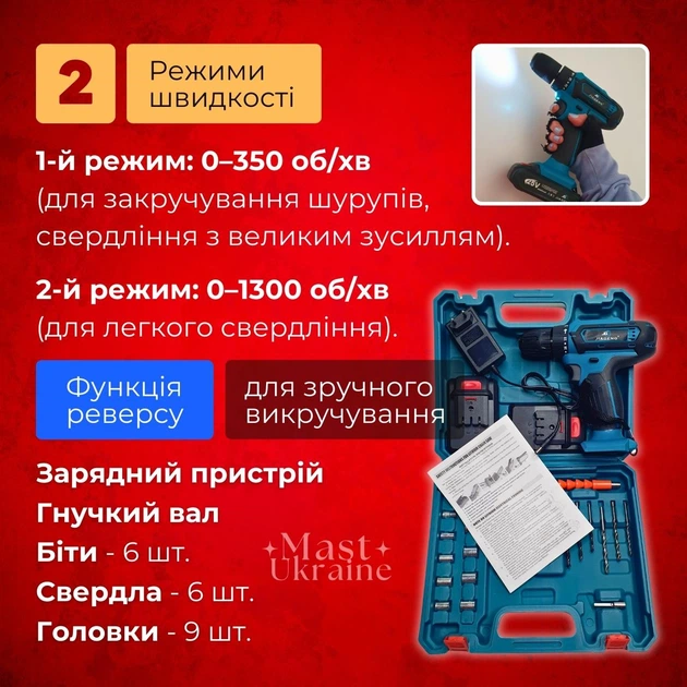 Шуруповерт Jiageng Cordless Drill 25V з набором інструментів Синьо-чорний J-25-D1 - Фото 2 Шуруповерт Jiageng Cordless Drill 25V з набором інструментів Синьо-чорний J-25-D1 - зображення 2