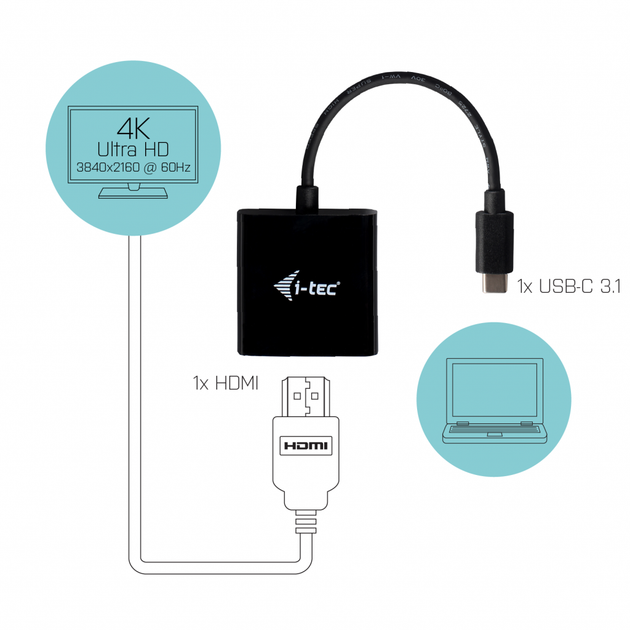Adapter i-tec USB-C 3.1 - HDMI 4K/60 Hz 0.15 m Black (C31HDMI60HZP) - obraz 3