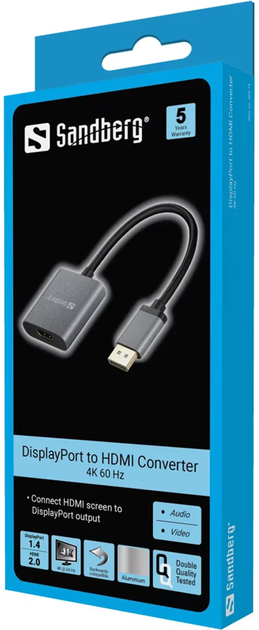 Adapter Sandberg DisplayPort - HDMI 4K/60 Hz 0.2 m Grey (5705730508295) - obraz 2