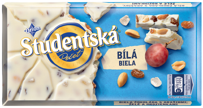 Шоколад белый Studentska с арахисом, изюмом и желейными конфетами, 170 г - Фото 1 Шоколад белый Studentska с арахисом, изюмом и желейными конфетами, 170 г - изображение 1