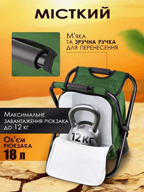Рюкзак-стул 2в1 складаний на 18 л з термовідсіком та кишенями водовідштовхуючий метеріал для риболовлі, полювання, кемпінгу та туризму, зелений - зображення 3