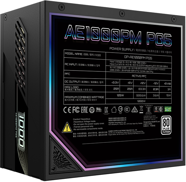 Блок живлення Gigabyte AORUS ELITE P1000W 80+ Platinum Modular PCIe 5.1 (rev. 1.1) Black (GP-AE1000PM PG5) - зображення 5