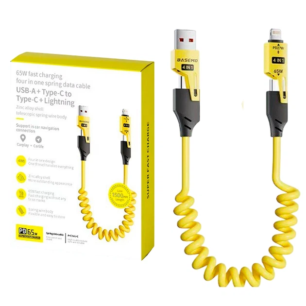 Кабель для передачи данных 4-в-1 BauTech с пружинным удлинителем 65 Вт USB-A + Type-C на Type-C + Lightning 1,5 м Желтый (1015-286-00) - изображение 8