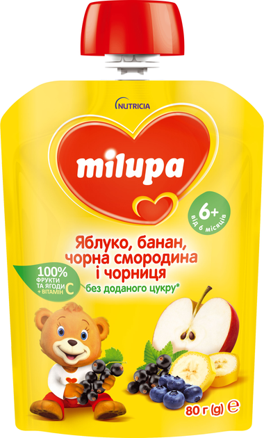 Упаковка фруктового пюре Milupa Яблуко, банан, чорна смородина та чорниця з 6 місяців 80 г х 6 шт. (6438091477663)