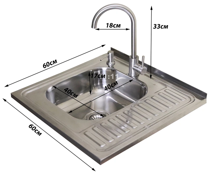 Кухонна накладна мийка AquaMill LUX 6060 + Змішувач + Дозатор + Сифон (права, ліва) - зображення 2