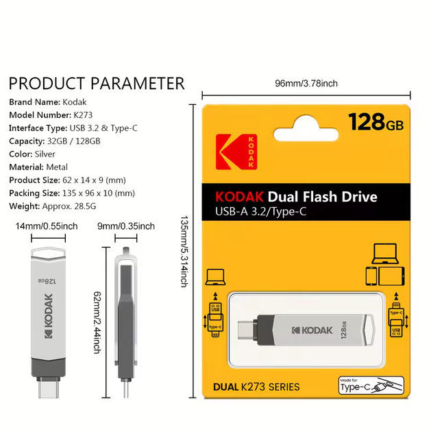 Флешка Kodak K273 64Gb 2 в1 USB 3.2 и Type-C OTG - Фото 3 Флешка Kodak K273 64Gb 2 в1 USB 3.2 и Type-C OTG - изображение 3