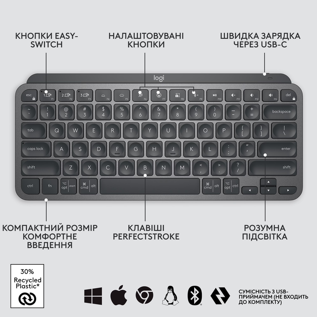 Клавіатура бездротова Logitech MX Keys Mini Wireless Illuminated UA Graphite (920-010498) - зображення 6